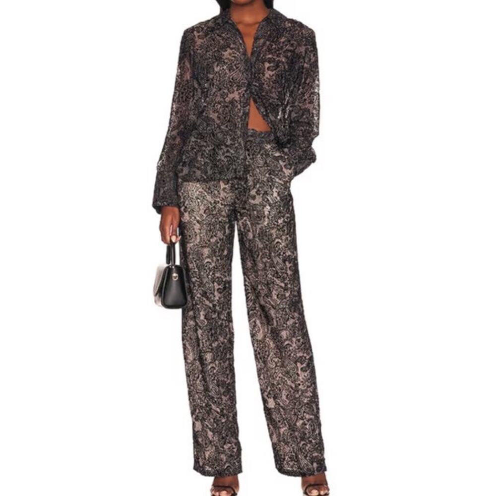 LPA Leo Velvet Burnout Set Top Blouse Trouser Pants Black Cream Size Medium